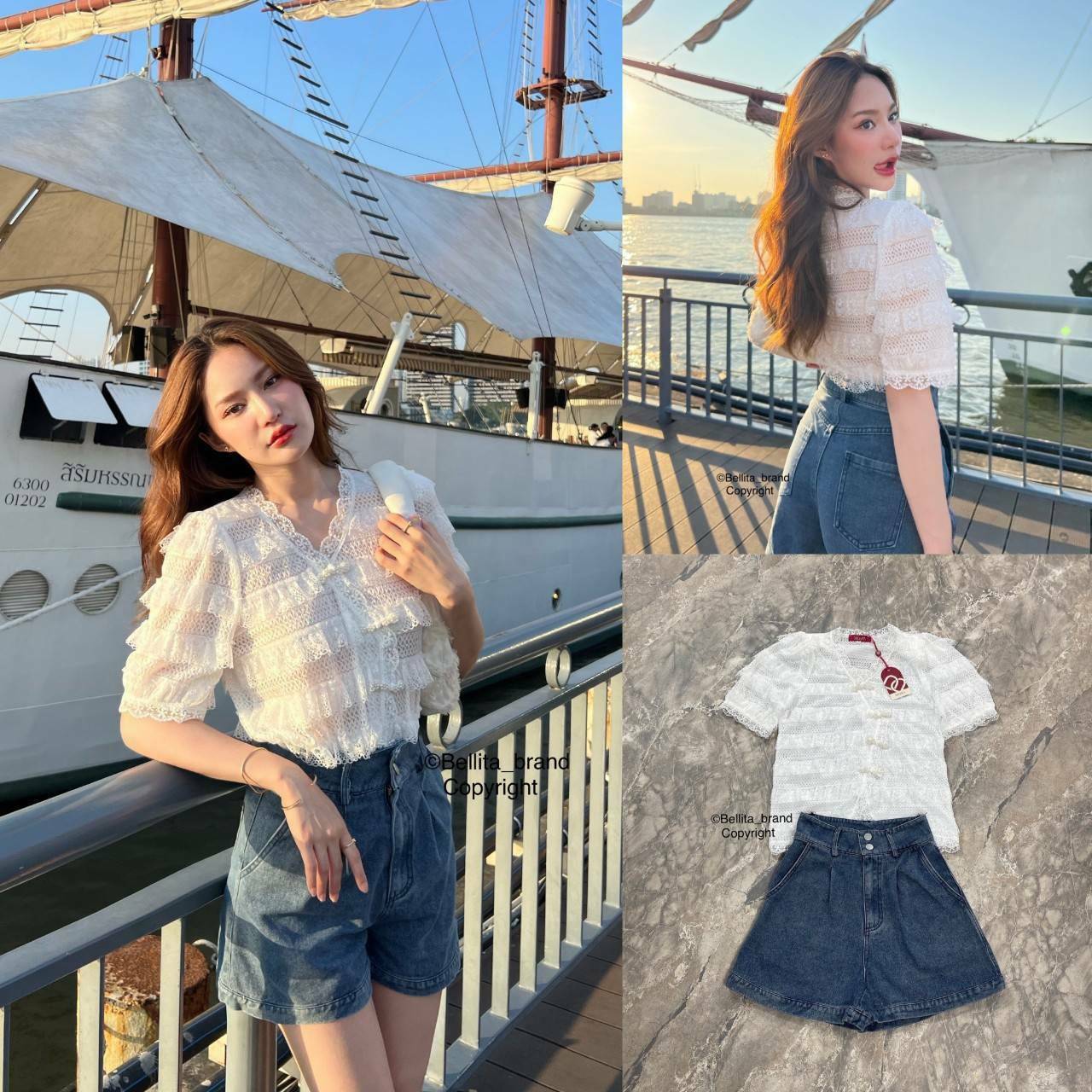 🍒 S 🍒 ป้าย Bellita เซ็ทเสื้อสีขาวผ้าลูกไม้ระบายชั้นๆ คู่กับกางเกงขาสั้นเอวสูง