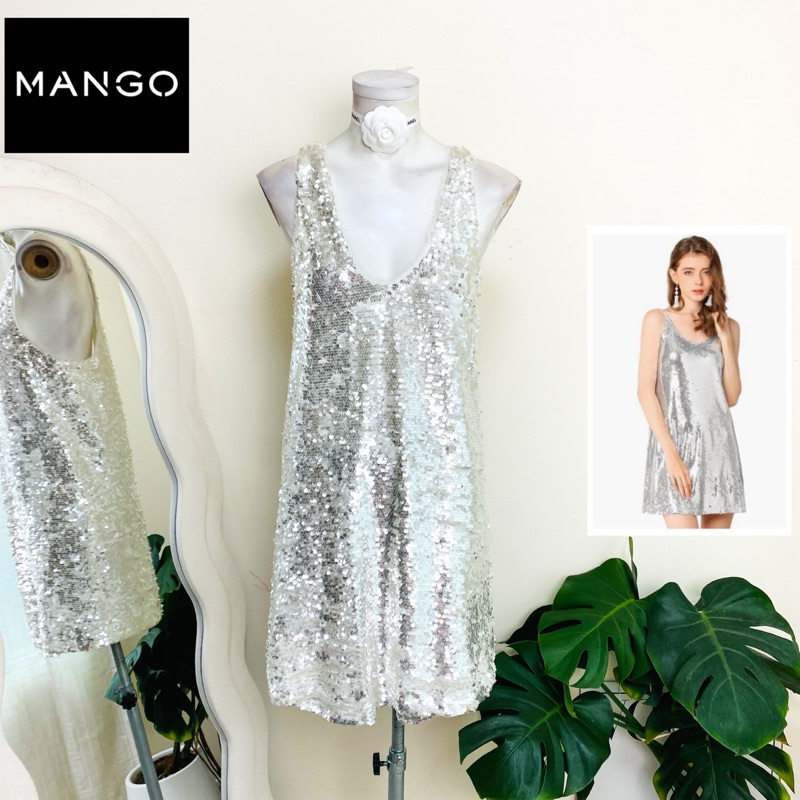 ไซด์ M แบรนด์ Mango แท้ 100%🌸เดรส งานเกล็ดวิบวับ สีขาว/ใส ใส่ออกงาน ทรงเข้ารูป เดรสออกงาน ชุดปาร์ตี้