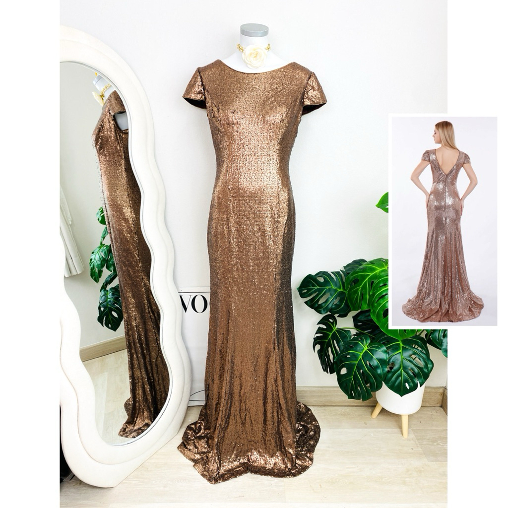 ไซด์ L แบรนด์แท้ 100%🌸Maxi dress เดรส หางปลา งานอลัง งานเกล็ดวิบวับ สีคอปเปอร์ ใส่ออกงาน เดรสออกงาน ชุดปาร์ตี้