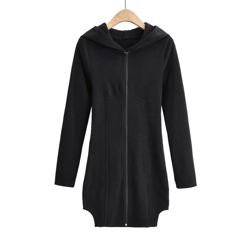 เดรสฮู้ด เดรสแขนยาว ซิปหน้า สีน้ำตาล CN2416