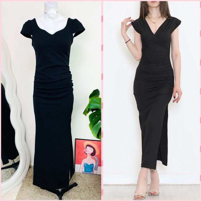 ไซด์ Mเดรสยาว Maxi dress ขยุ้มข้าง สีดำใส่ออกงาน ทรงเข้ารูป เดรสออกงาน ชุดปาร์ตี้