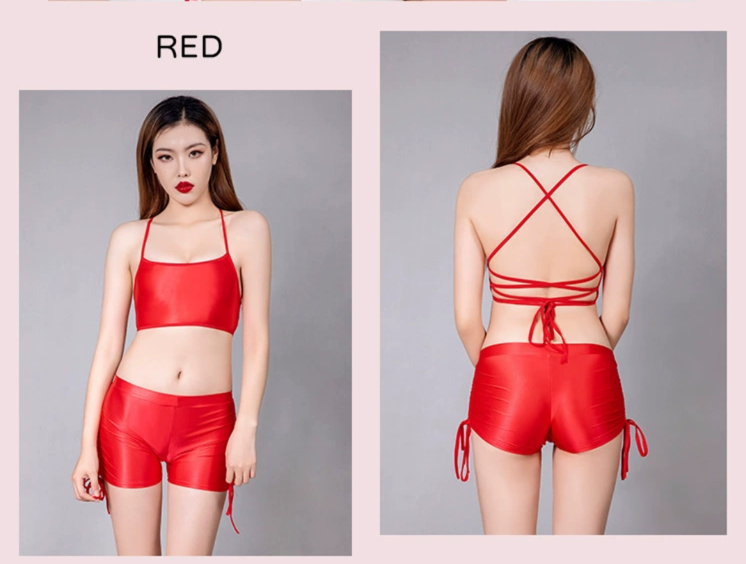 กางเกงขาสั้น ผ้าเงา สายปรับข้างได้ กางเกงว่ายน้ำ กางเกงโคโยตี้