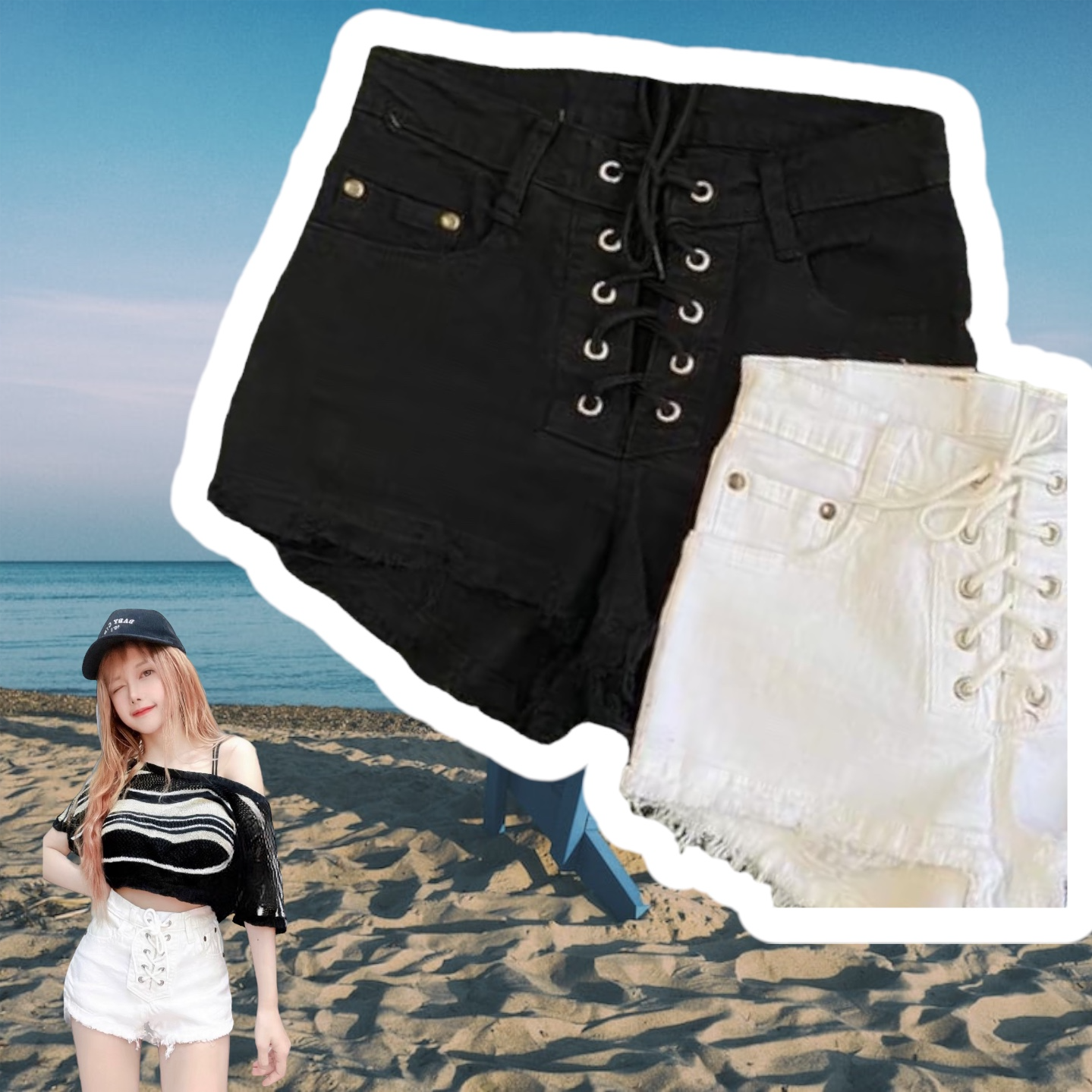 กางเกงยีนส์ขาสั้นเอวสูงผ้ายืดนิ่ม ผูกเชือกไขว้หน้า KT002