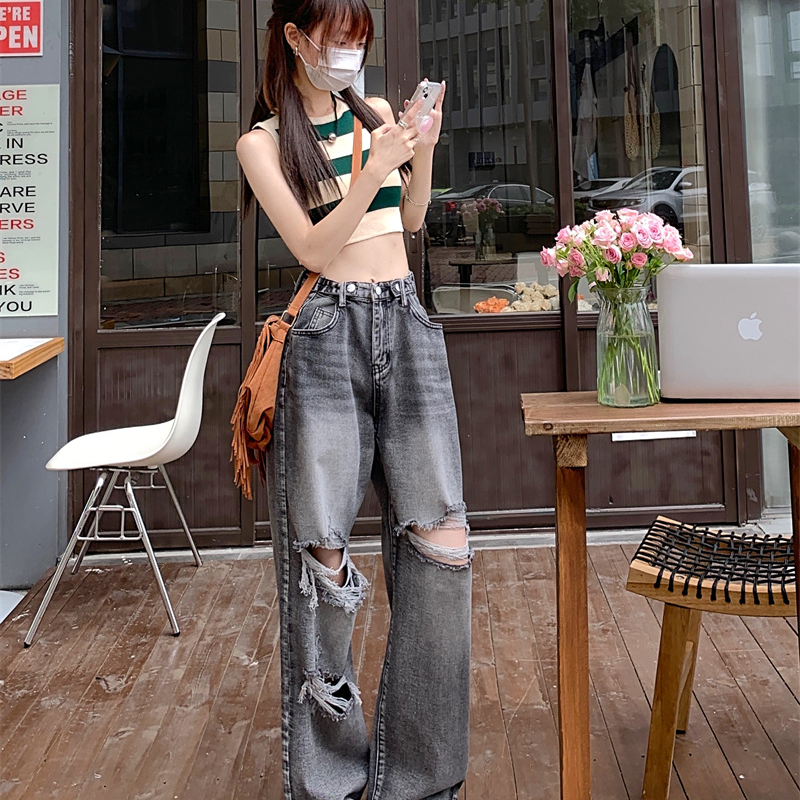 กางเกงขายาว ยีนส์ แต่งขาด ปรับเอวได้ รหัส Y002