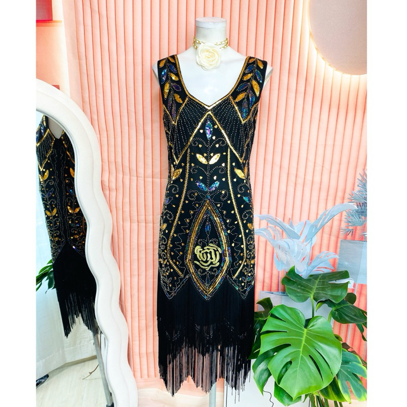ไซด์ L แบรนด์ Metme แท้ 100% 🌸 แกสบี้ เดรส Gatsby ตุ้งติ้ง 2 ชั้น งานเกล็ดวิบวับ สีดำ ชุดราตรีแกสบี้ ชุดปาร์ตี้