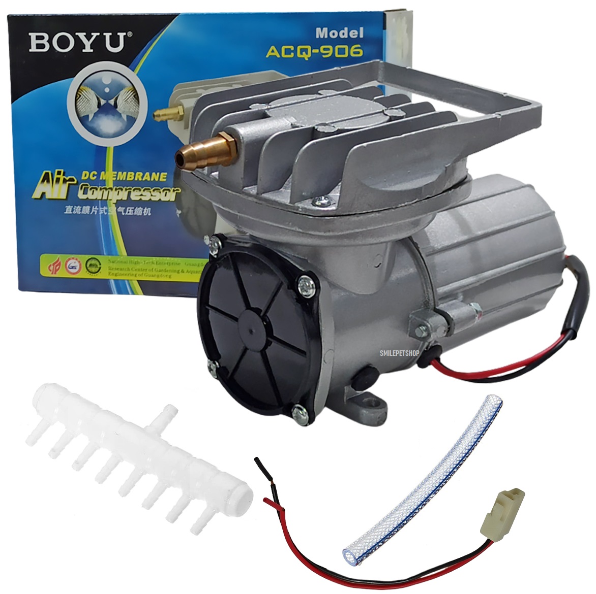 BOYU ACQ-906 (ปั๊มลมต่อแบตเตอรี่ DC 12V ต่อแบตเตอรี่รถยนต์ ใช้กรณีไฟดับ ขนย้ายสัตว์น้ำทางรถ แรงลม 120L/min)