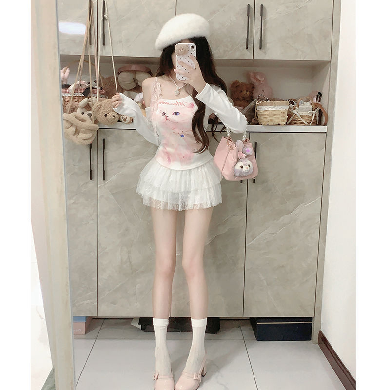 เสื้อครอป แขนยาว ปาดไหล่ หน้าแมว CN2733