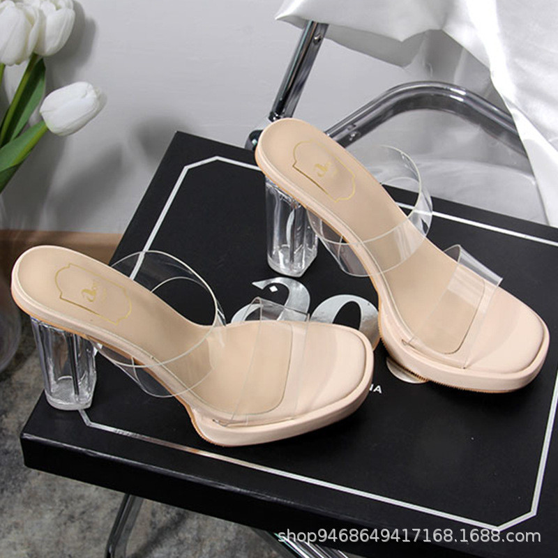 รองเท้าส้นสูง รองเท้าสวมส้นแก้ว สายใส สูง 4 นิ้ว SH002