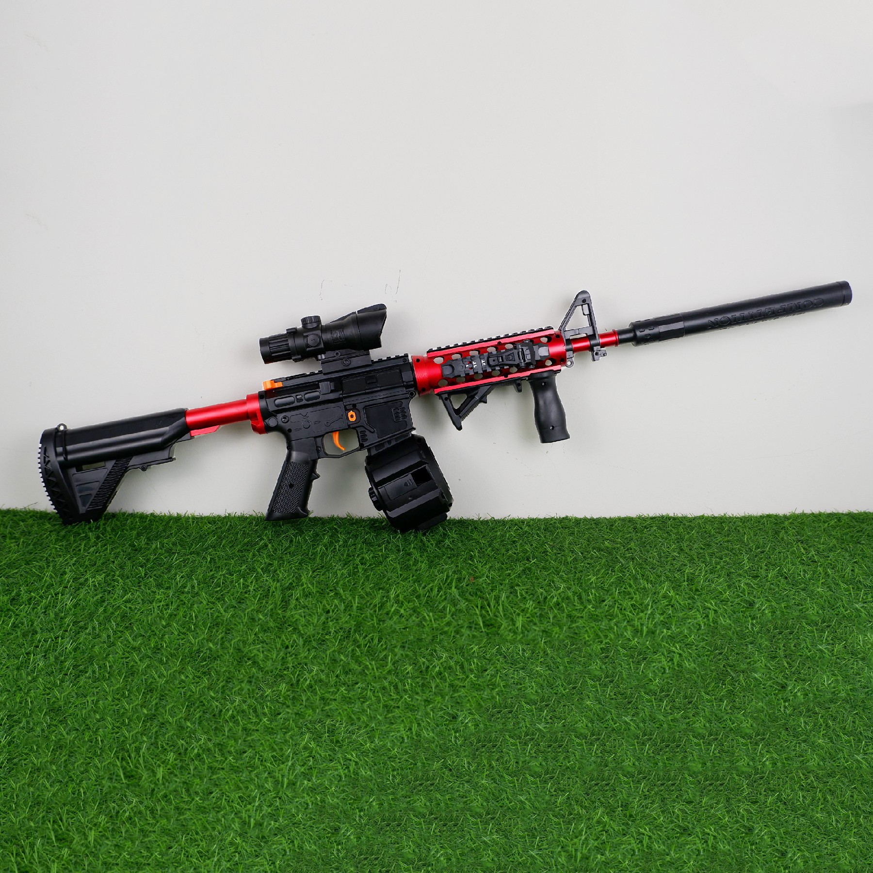 (14)M4A1 สีดำแดง ปืนเจลไฟฟ้า ของเล่น ยิงรัวได้ ชักยิงได้