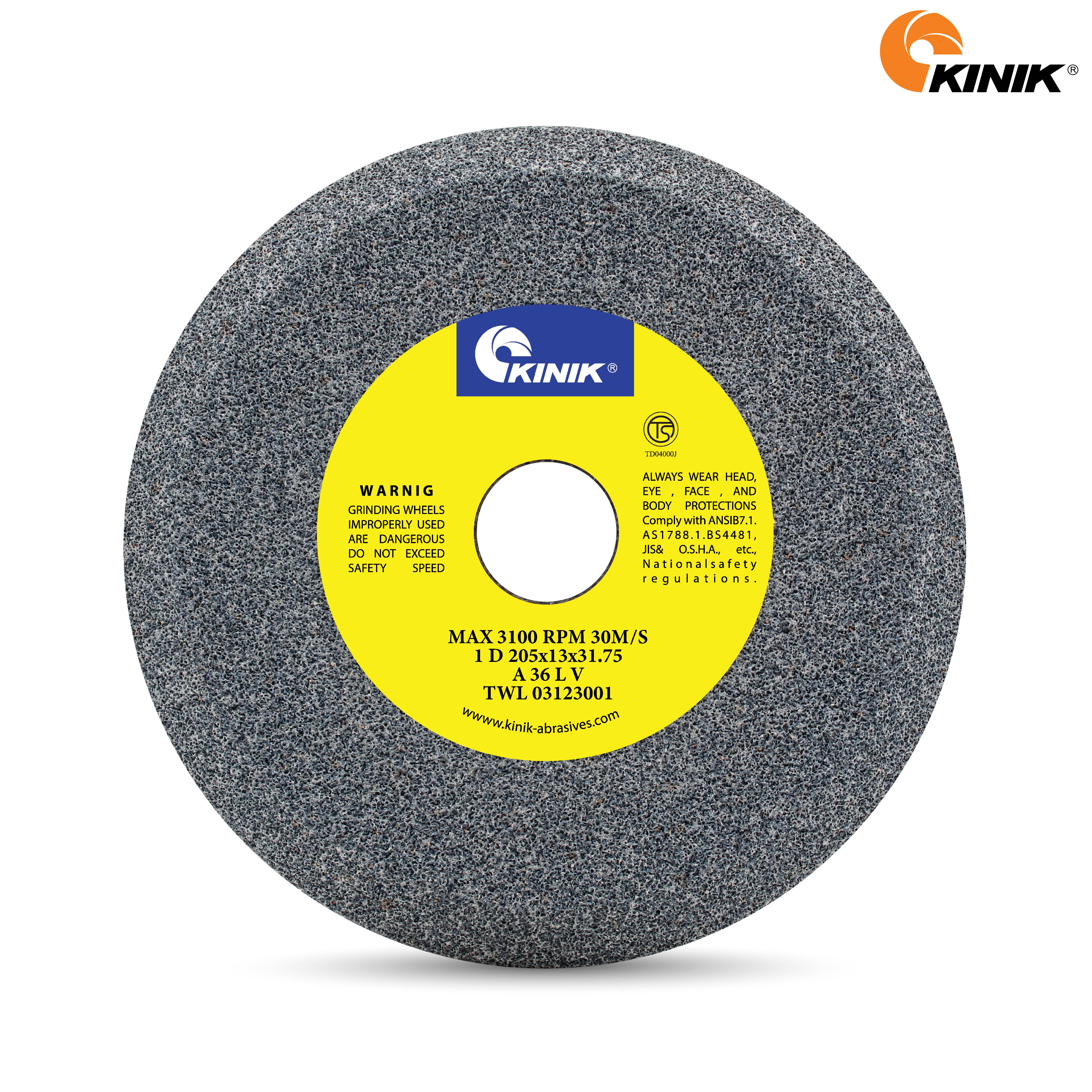 หินเจียรใบเลื่อย KINIK A36LV1D 205x13x31.75 mm.