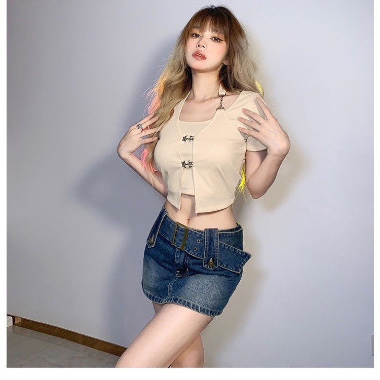 เสื้อยืดแขนสั้น แต่งสายโซ่ สไตล์เกาหลี CN1193