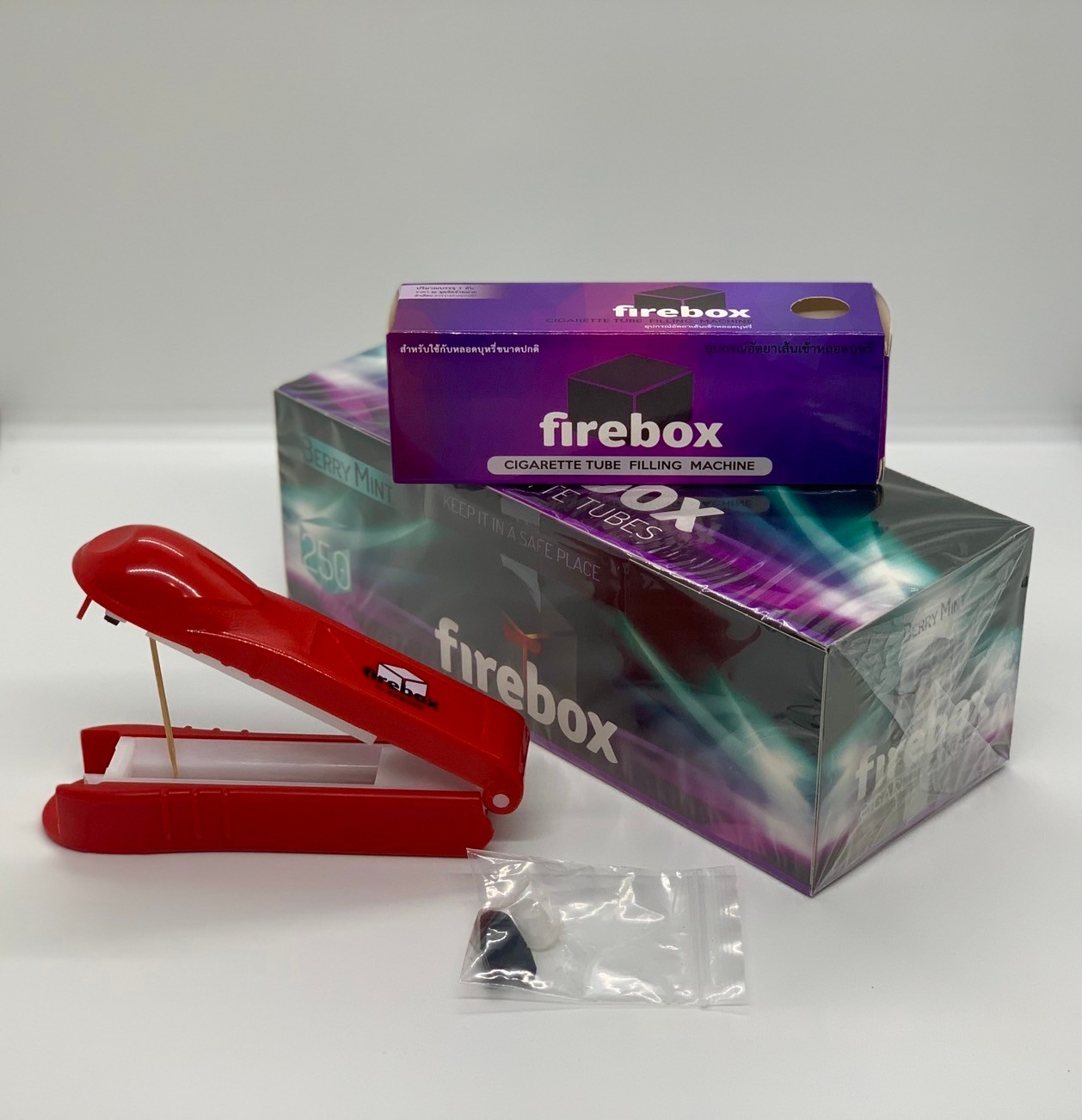 Firebox ก้นกรองบุหรี่ รุ่นร้อนกลิ่นเบอรี่มิ้น บรรจุ 250 มวน + เครื่องอัดมือ คละสี