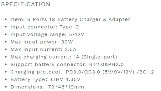 ฺBETAFPV 6 Ports 1S Battery Charger PH2.0 & BT2.0