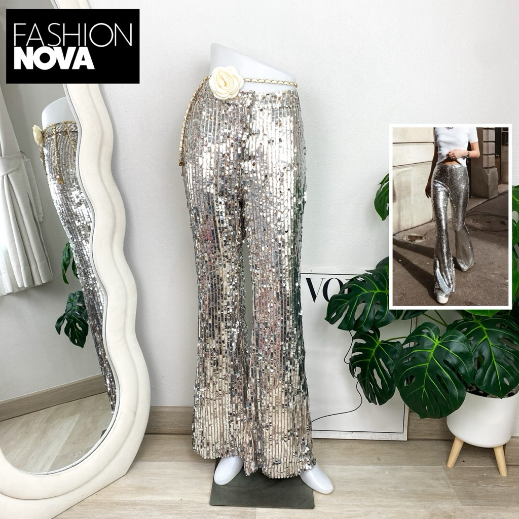 ไซด์ XL แบรนด์ Fashion Nova แท้ 100%🌸กางเกง พลัสไซด์ เอวสูง งานเกล็ดวิบวับ สีเงิน ใส่ออกงาน ชุดออกงาน ชุดปาร์ตี้