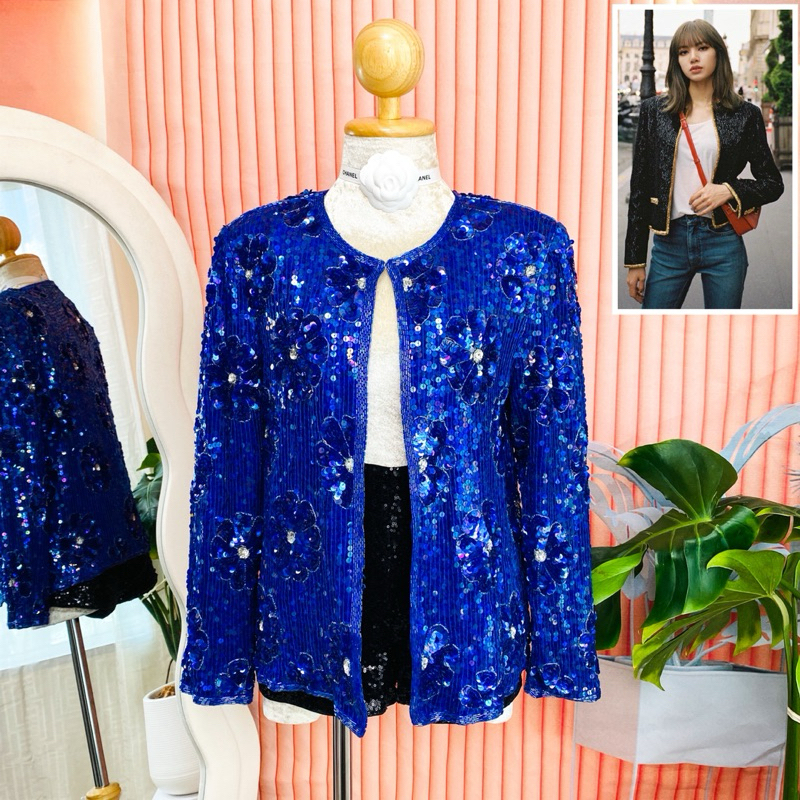 ไซด์ M-L แบรนด์ Raggle แท้ 100%🌸เบลเซอร์ ดอกลอย วินเทจ Luxury สีน้ำเงิน งานเกล็ด งานปักปล้อง ใส่ออกงาน ชุดปาร์ตี้