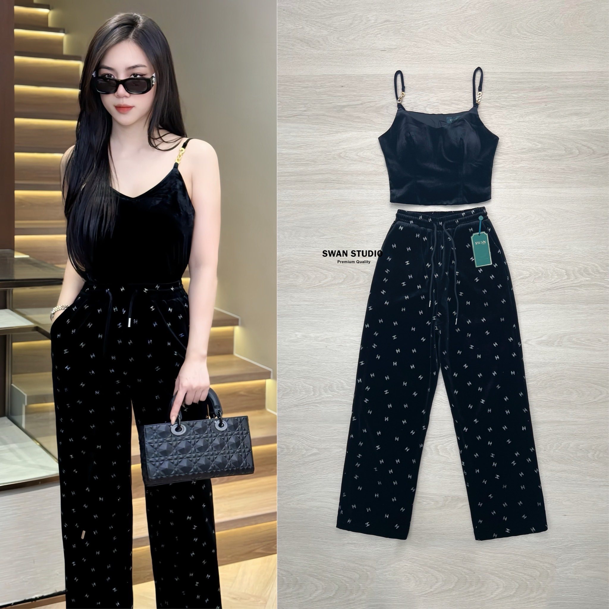 🌸 XS 🌸SWAN Set 2 ชิ้น ผ้ากำมะหยี่เสื้อสายเดี่ยวตรงสายแต่งโซ่ มาคู่กับกางเกงขายาว