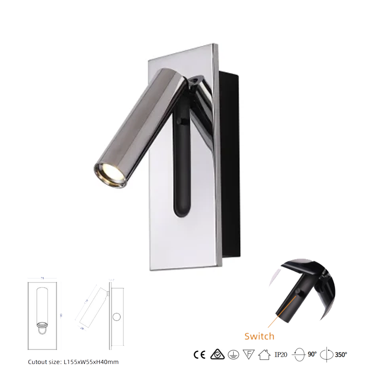 โคมไฟอ่านหนังสือติดผนัง Wall Reading Lamp Metal + Aluminium LED Cree 3W IP20 (KP033)