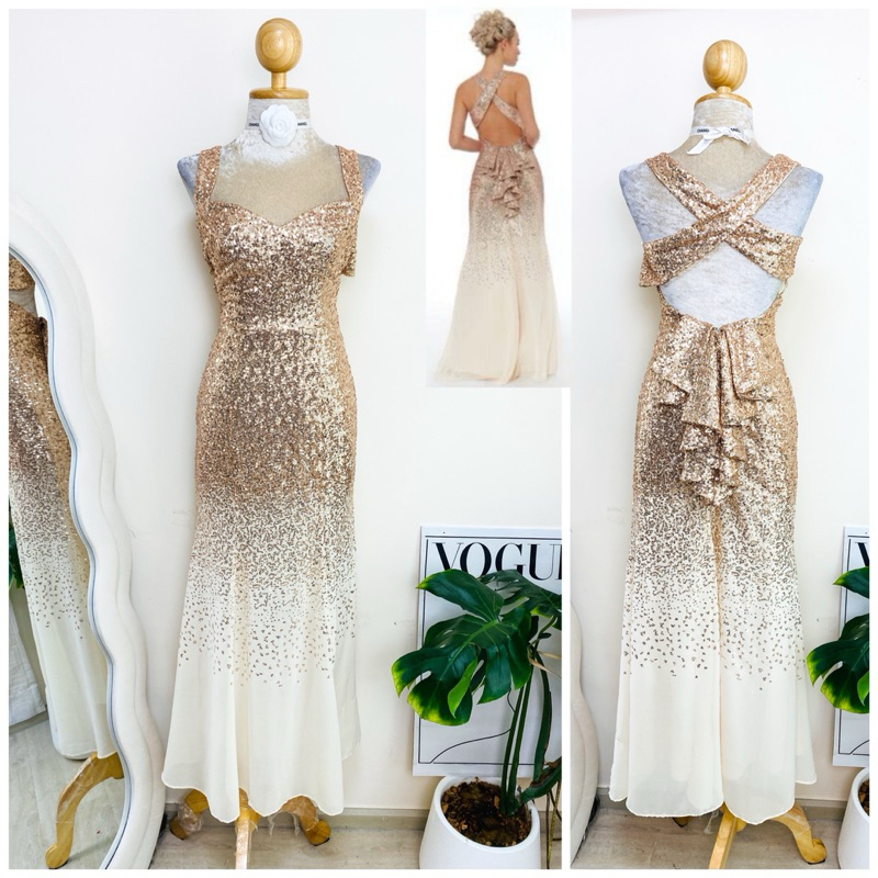 ไซด์ S แบรนด์ Goddiva แท้ 100%🌸 Maxi dress เดรสยาว คอวี งานเกล็ดวิบวับ สีโรสโกล ใส่ออกงาน เดรสออกงาน ชุดปาร์ตี้