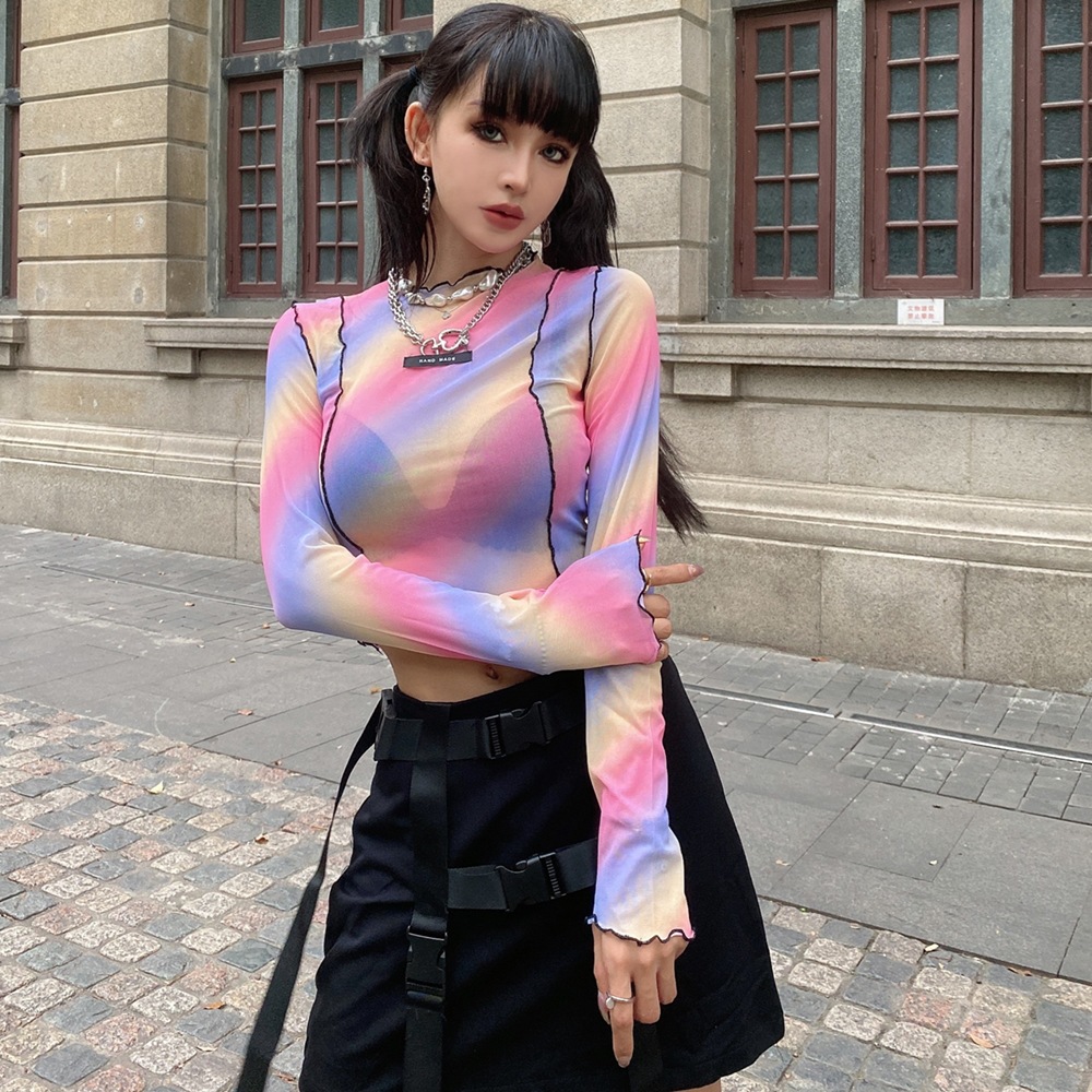 เสื้อครอป แขนยาว ซีทรู พาสเทล รหัส EDM002