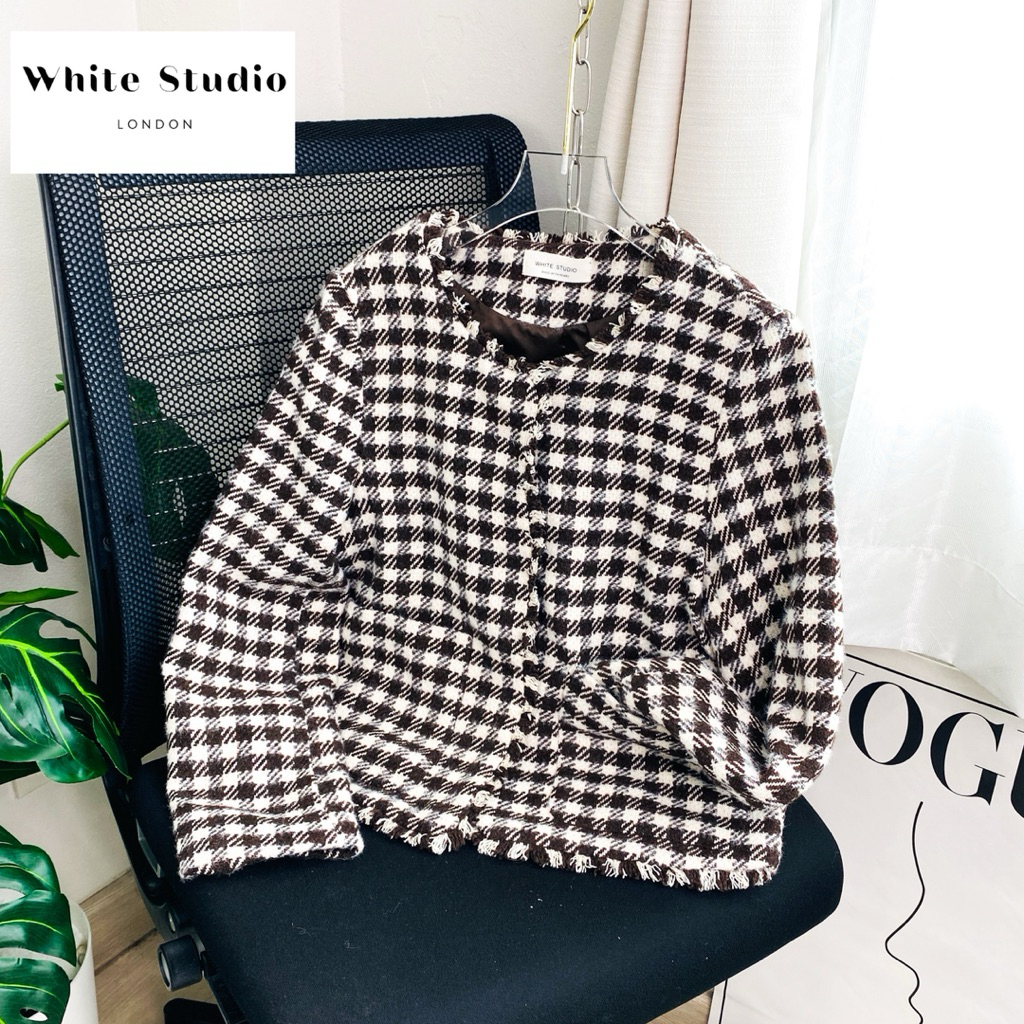 ไซด์ M แบรนด์ White studio แท้ 100%🌸เสื้อแขนยาวผ้าทวิต ลายชิโนริ ผ้าทวิต Tweed งานวิบวับ สีน้ำตาล/ขาว ใส่ออกงาน