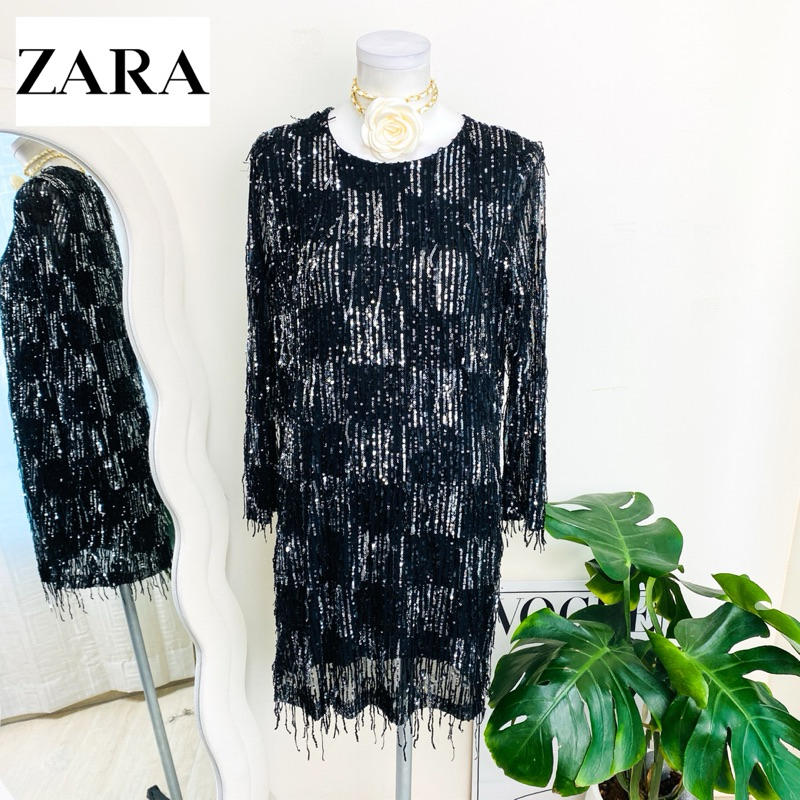 ไซด์ M มือ 1 แบรนด์ ZARA แท้ 100%🌸เดรส ตุ้งติ้ง งานเกล็ดวิบวับ สีดำ ใส่ออกงาน ทรงเข้ารูป เดรสออกงาน ชุดปาร์ตี้