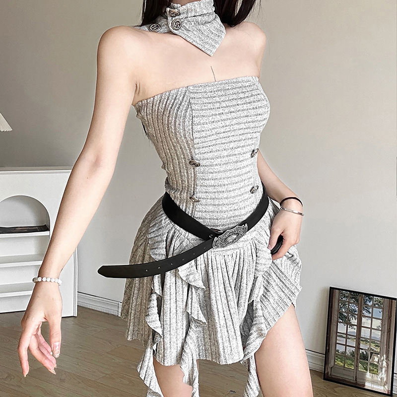 ชุดเดรส เกาะอก+ปลอกคอ สีเทาอ่อน CN40373