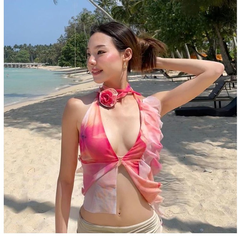 เสื้อสายเดี่ยว ซีฟอง ผูกหลัง สไตล์เกาหลี พร้อมส่ง CN2596