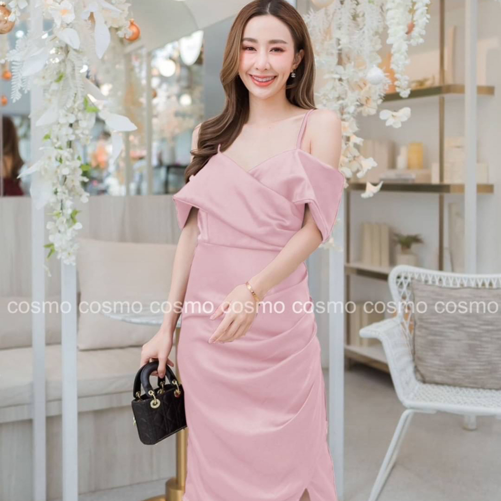 ชุดเดรส สายเดี่ยว ปาดไหล่ ชุดออกงาน เรีบหรูดูเเพง