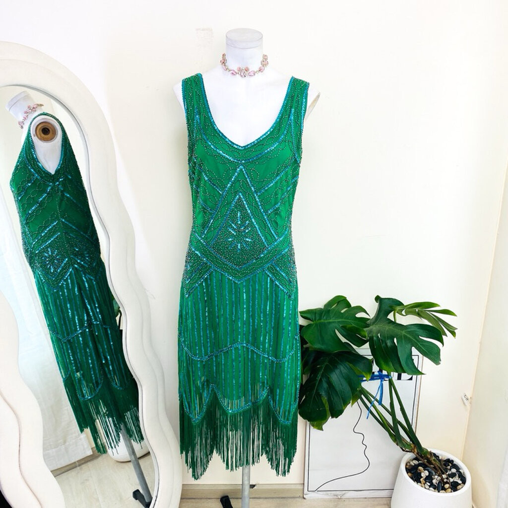 ไซด์ L-XL แบรนด์ แท้ 100%🌸แกสบี้ เดรส Gatsby งานเกล็ดวิบวับ สีเขียว/เงิน ใส่ออกงาน ชุดราตรีแกสบี้ ชุดปาร์ตี้