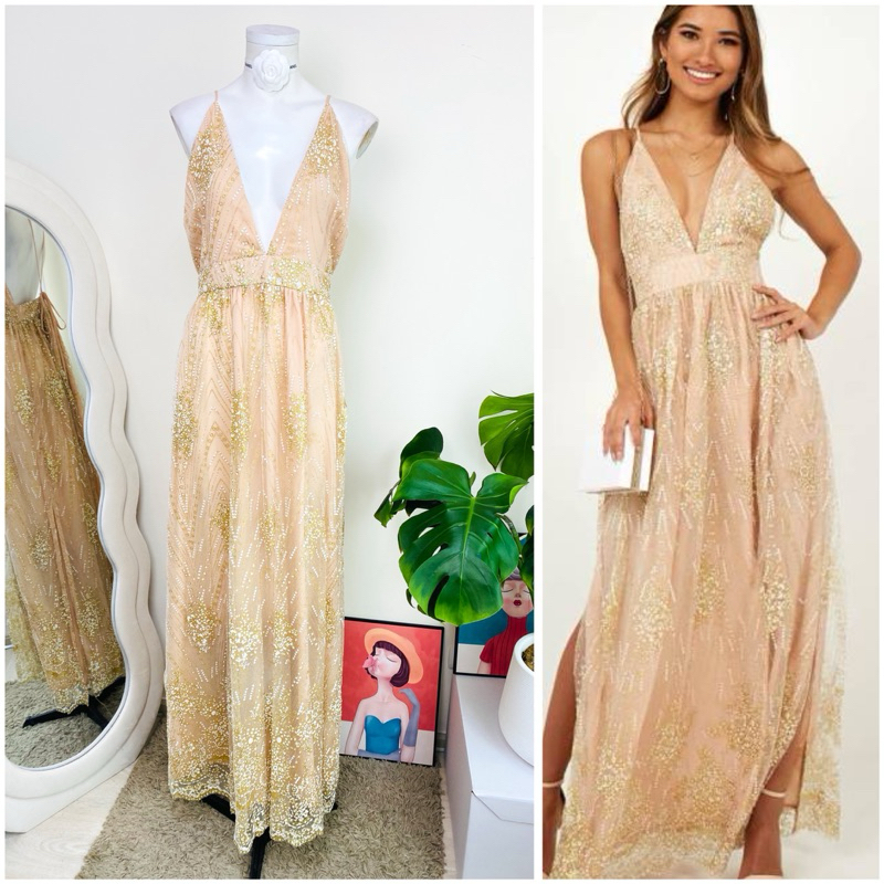 ไซด์ L-XL แบรนด์ Morningmist แท้100% 🌸Maxi dress เดรสยาว งานเกล็ดวิบวับ สีนู๊ด คอวี ทรงเข้ารูป เดรสออกงาน ชุดปาร์ตี้