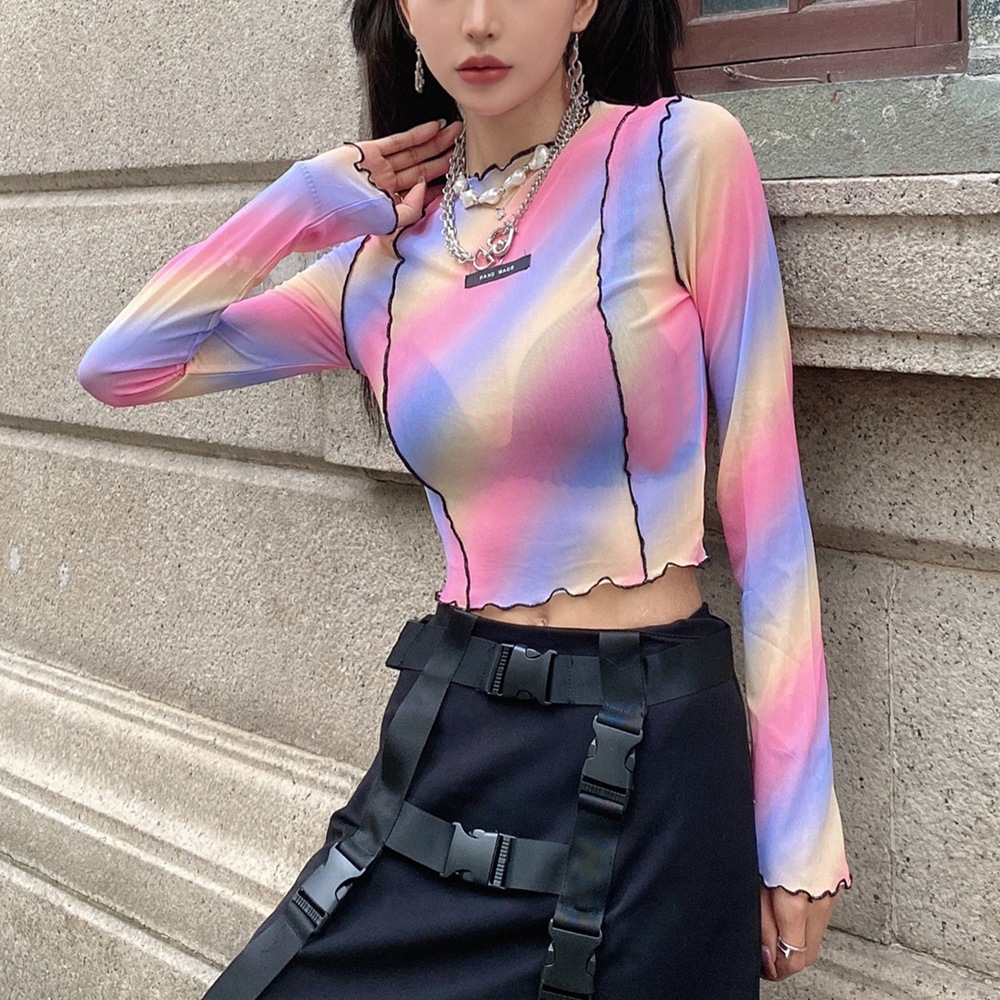 เสื้อครอป แขนยาว ซีทรู พาสเทล รหัส EDM002