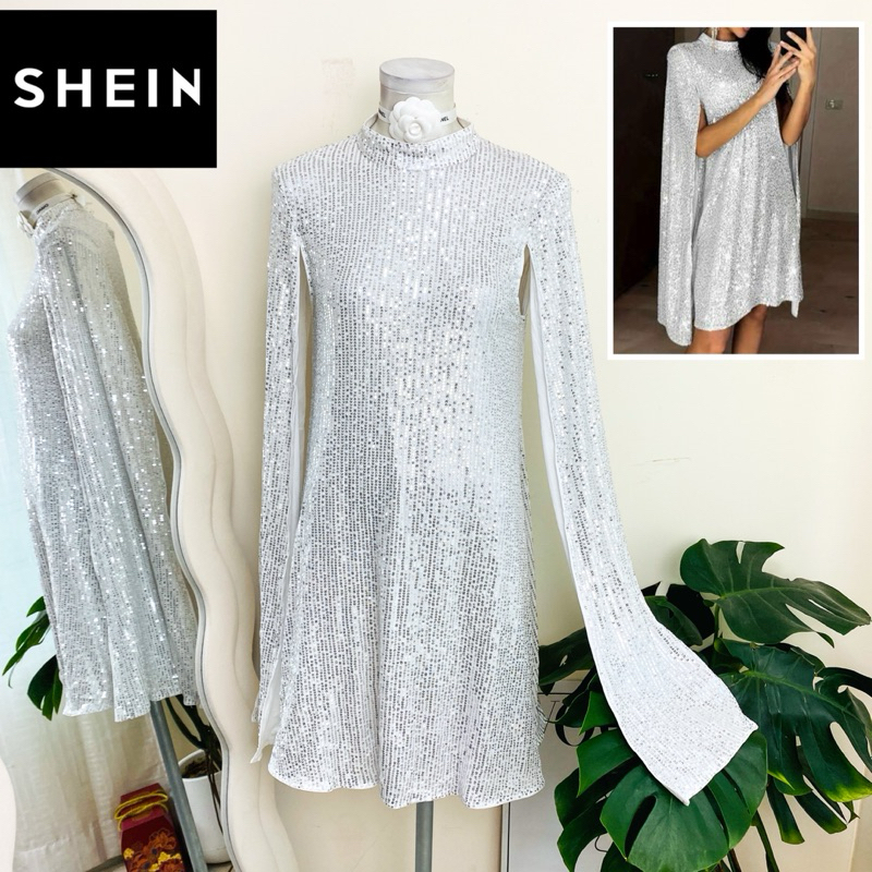 ไซด์ M-L แบรนด์ shein แท้ 100%🌸เดรส แขนอลัง งานเกล็ดวิบวับ สีขาว ใส่ออกงาน ทรงเข้ารูป เดรสออกงาน ชุดปาร์ตี้