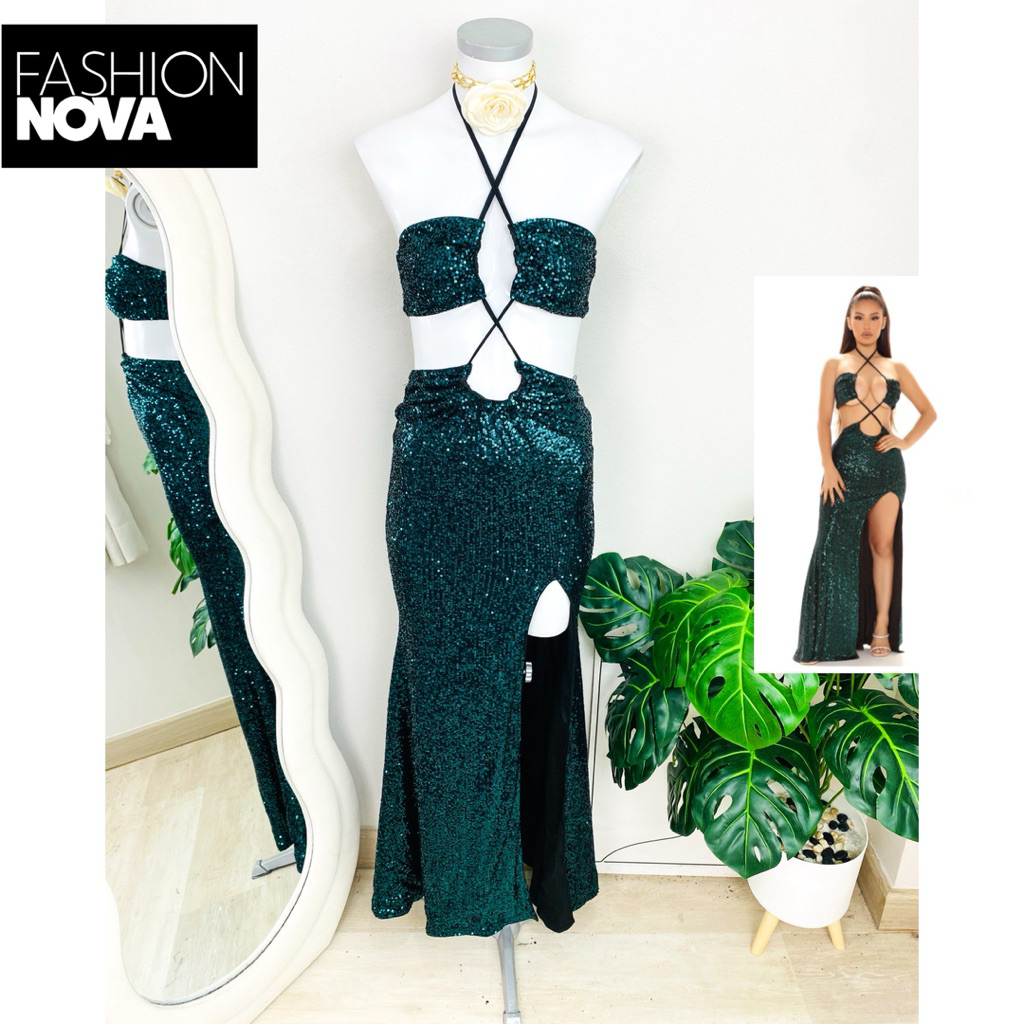 ไซด์ S แบรนด์ Fashion Nova แท้100% 🌸Maxi dress เดรสยาว เซ็กซี่ มีดีไซด์ งานเกล็ดวิบวับ สีเขียว เดรสออกงาน ชุดปาร์ตี้