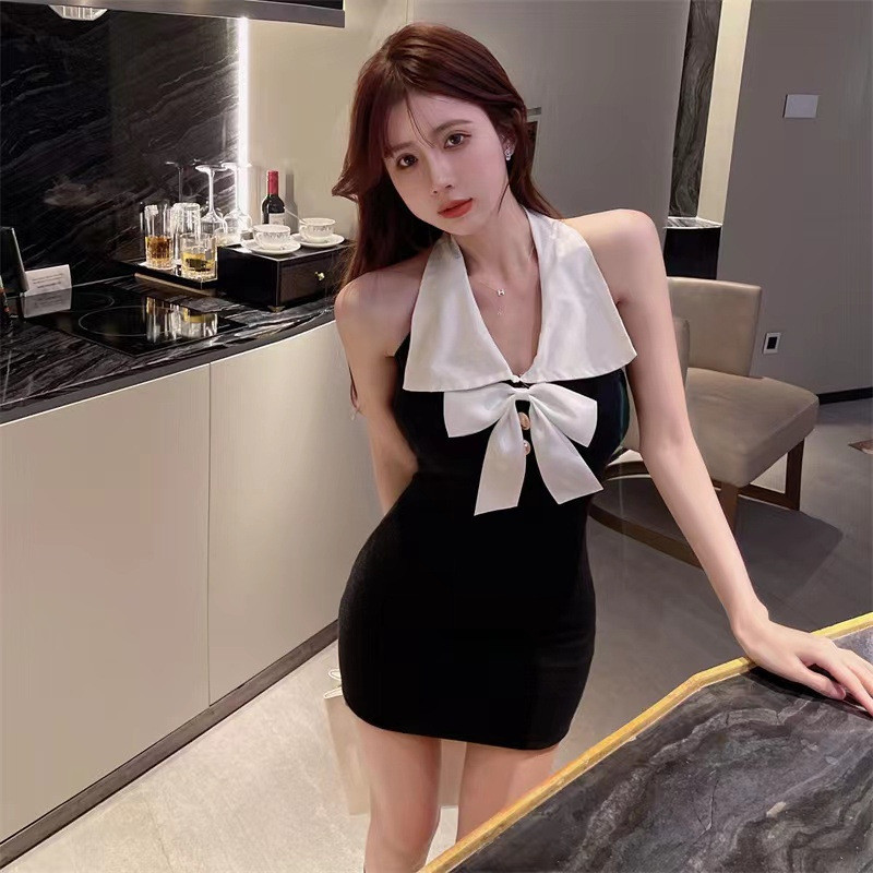 ชุดเดรสกระโปรงสั้น แขนกุด เซ็กซี่ ประดับโบว์ ขนาดเล็ก สีดํา สําหรับผู้หญิง CN6044