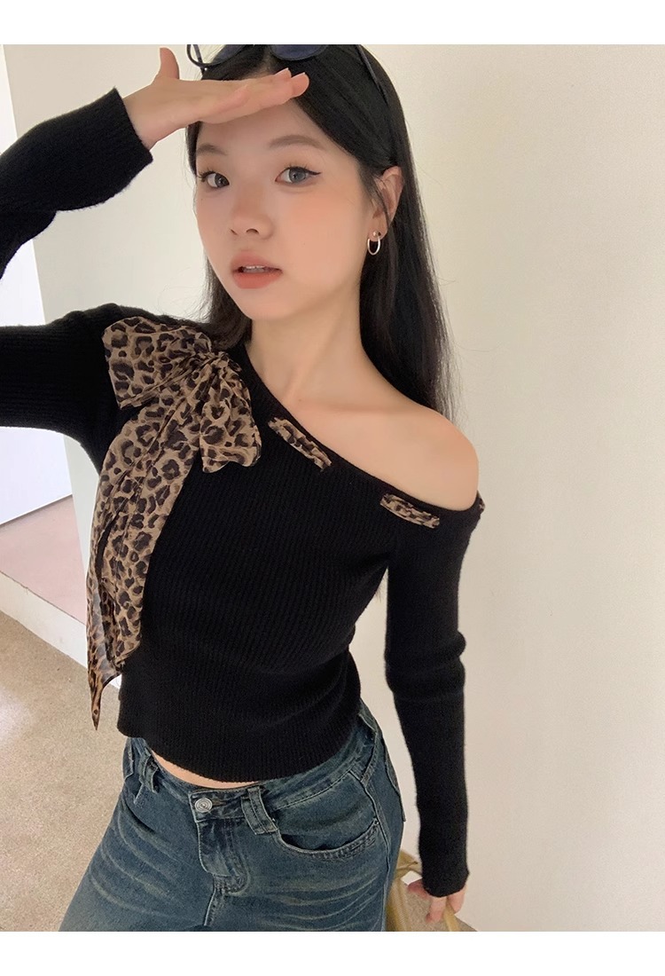 เสื้อแขนยาว ไหมพรม แต่งผ้าลายเสือ ผ้านิ่มยืด รหัส CN2087