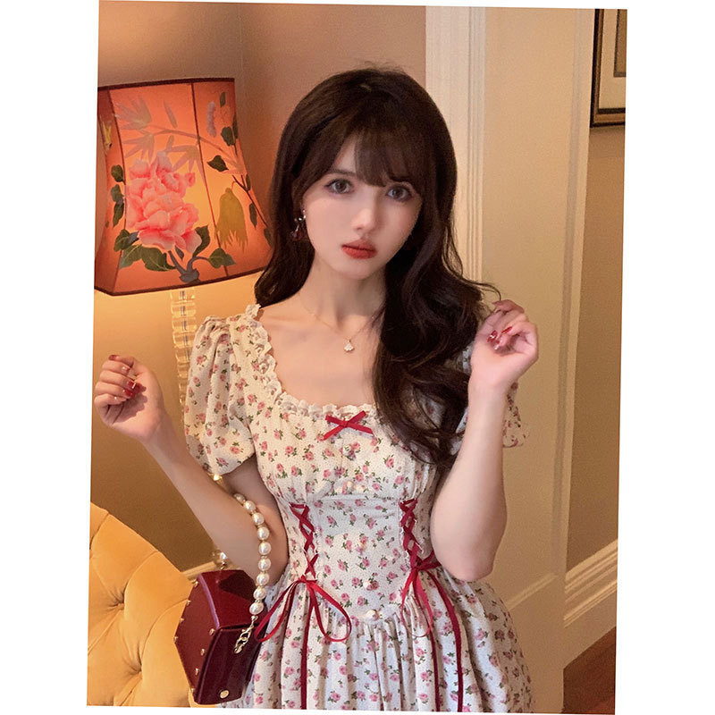 ชุดเดรสลายดอกไม้ สไตล์ฝรั่งเศส พร้อมส่งในไทย CN6725