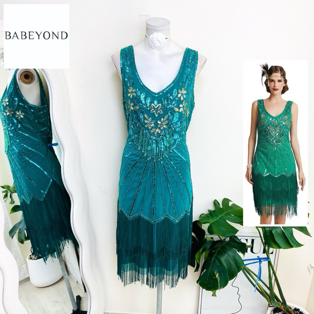 ไซด์ XL-XXL แบรนด์ BABYYOND แท้ 100%🌸แกสบี้ แต่งตุ้งติ้ง 2 ชั้น Gatsby งานเกล็ดวิบวับ สีเขียว ชุดราตรีแกสบี้ ชุดปาร์ตี้
