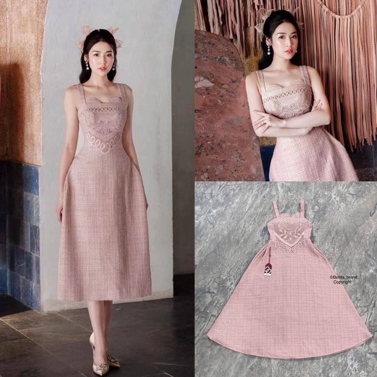 🍒 M 🍒 ป้าย Bellita เดรสยาวสายเดี่ยวผ้าทวีตสีชมพูตุ่นๆ