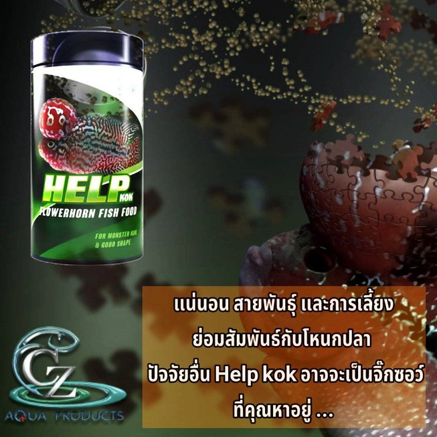 HELP KOK FLOWERHORN FISH FOOD 100 g.(อาหารปลาหมอสีสูตรเร่งโหนก และรูปทรง โปรตีนสูง เร่งโหนกไว)