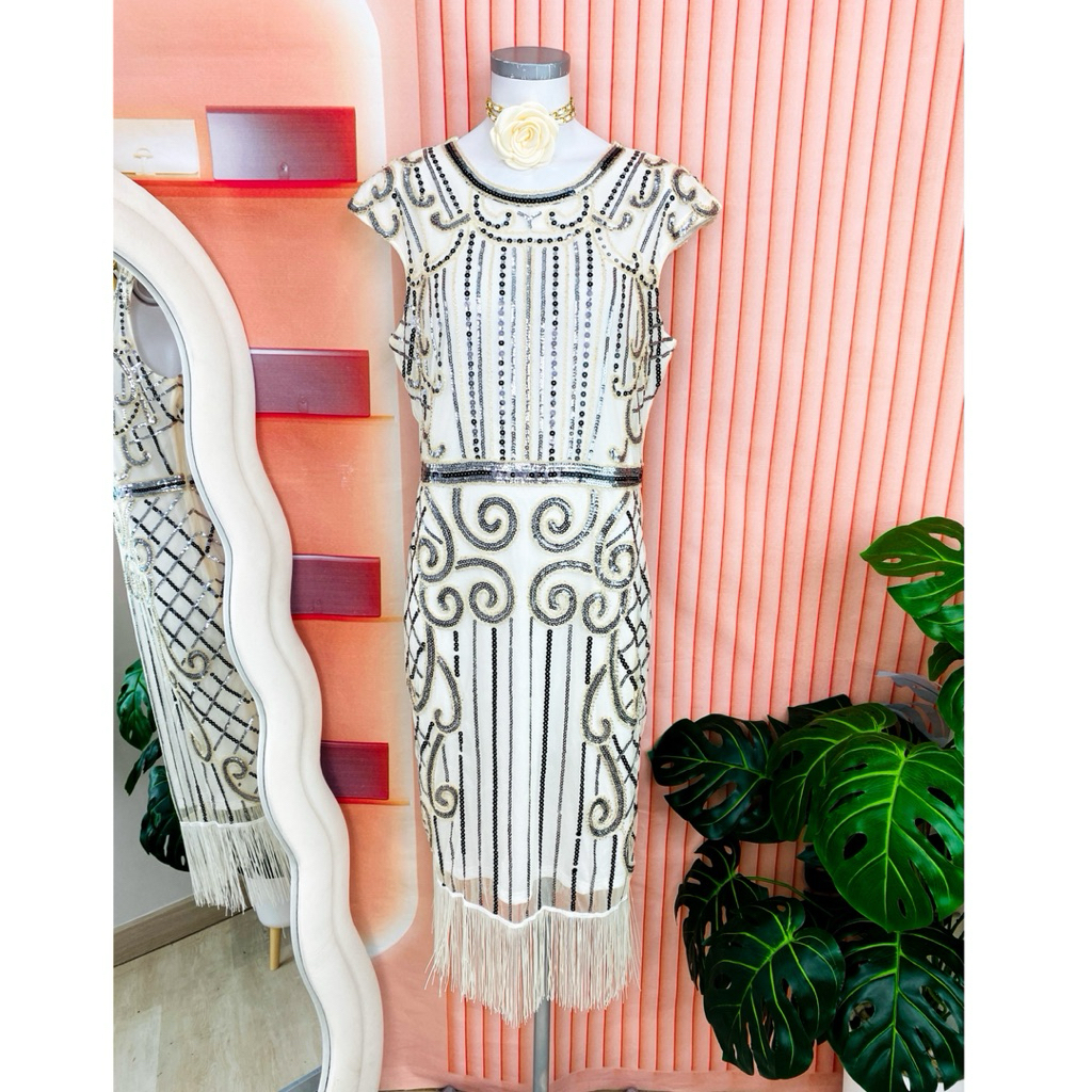 ไซด์ XL แบรนด์แท้ 100%🌸แกสบี้ เดรส Gatsby งานเกล็ดวิบวับ สีขาว/เงิน ใส่ออกงาน ชุดราตรีแกสบี้ ชุดปาร์ตี้