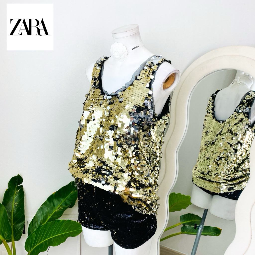 ไซด์ M แบรนด์ ZARA แท้ 100%🌸เสื้อ เกล็ดหูช้าง ทรงครอป งานเกล็ดวิบวับ สีเงิน/ทอง ใส่ออกงาน ชุดออกงาน ชุดปาร์ตี้ วันเกิด