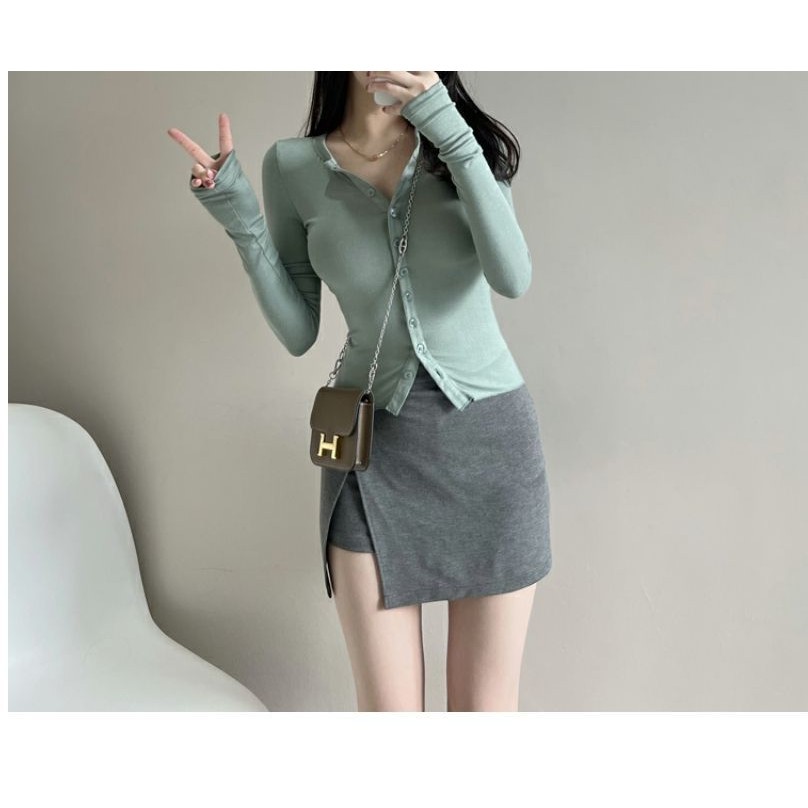 Honeybeee เสื้อคาร์ดิแกน แขนยาว เอวสูง สไตล์เกาหลี เซ็กซี่ สําหรับผู้หญิง