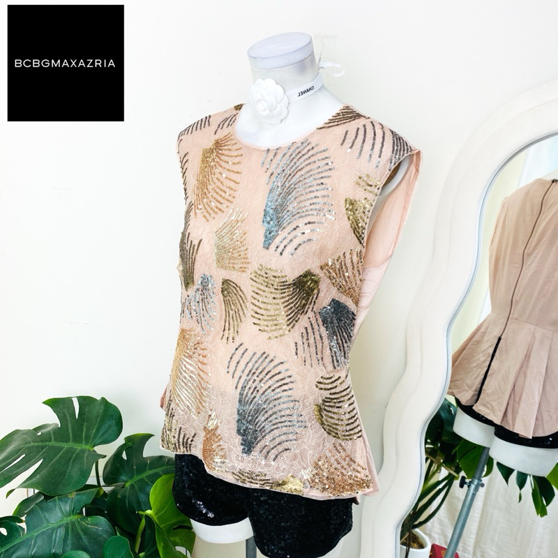 ไซด์ L แบรนด์ BCBG แท้ 100%🌸เสื้อ แต่งลูกไม้ งานเกล็ดวิบวับ สีชมพู ใส่ออกงาน ชุดออกงาน ชุดปาร์ตี้(a)