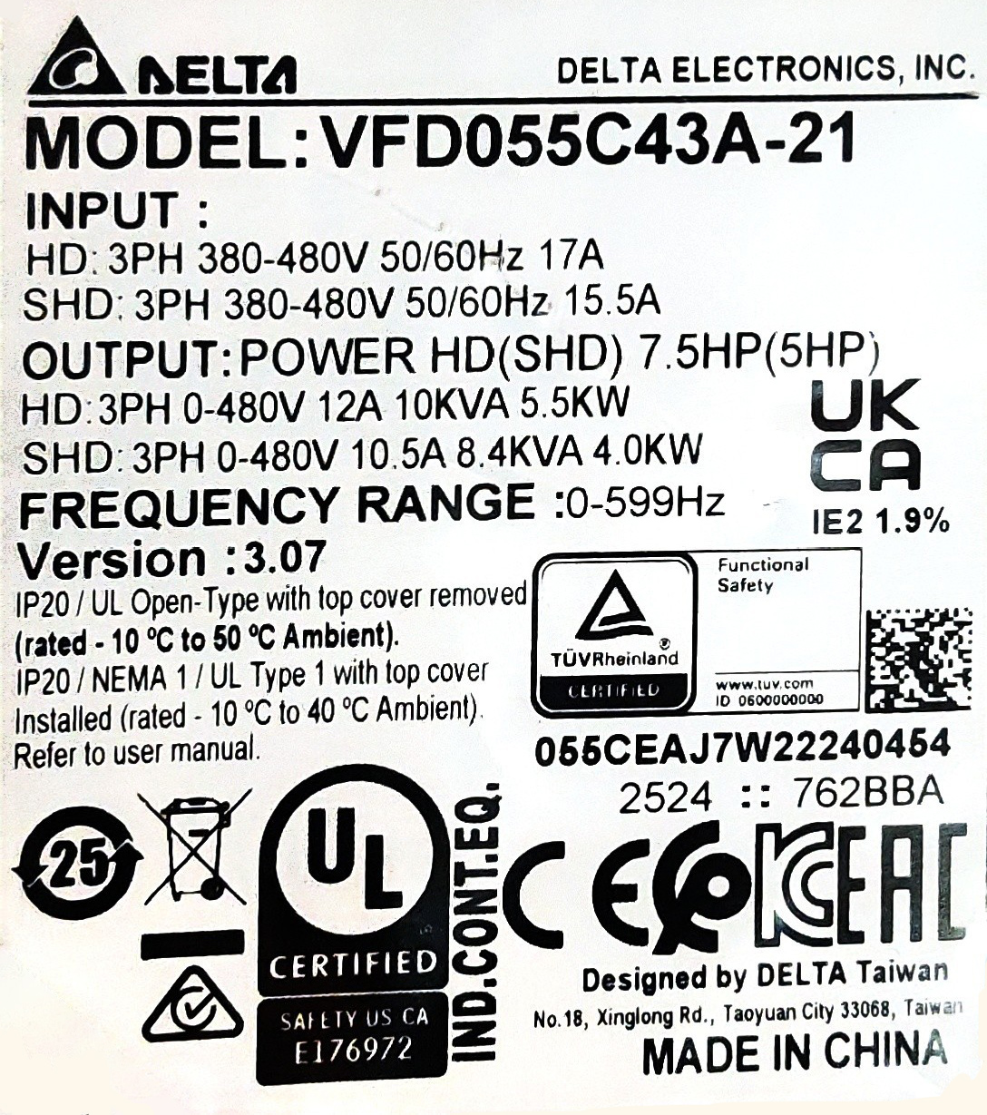 Delta Inverter C2000 Model VFD055C43A-21 5.5kW 7.5HP 460V