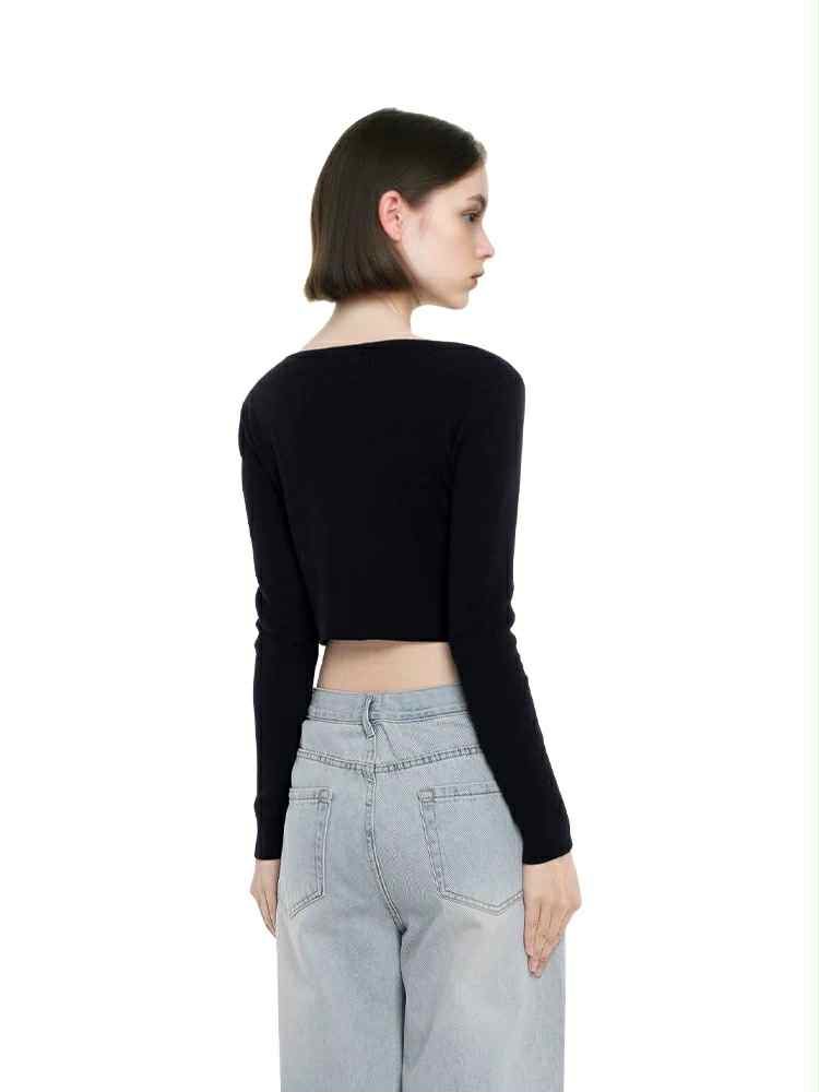 เสื้อครอป แขนยาว ไหมพรม สไตลส์เกาหลี พร้อมส่งในไทย