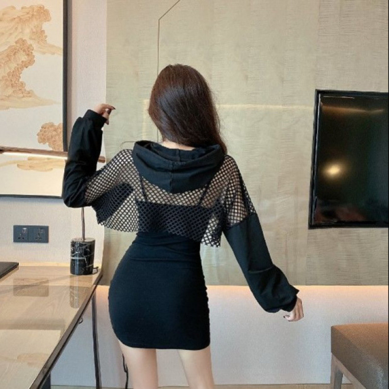 เดรสสั้น สายเดี่ยวดำ+เสื้อคลุมสีดำน้ำตาล ฮาโลวีน CN1270 พร้อมส่งในไทย