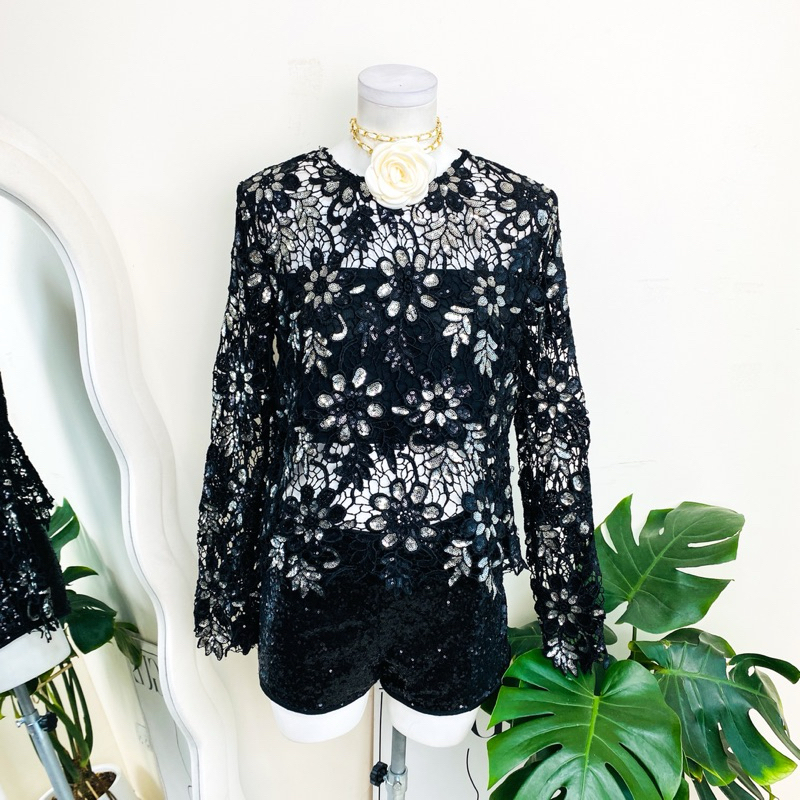 ไซด์ M แบรนด์ endless แท้ 100%🌸เสื้อ ลูกไม้ ทรงครอป งานเกล็ดวิบวับ สีดำ/เงิน ใส่ออกงาน ชุดออกงาน ชุดปาร์ตี้