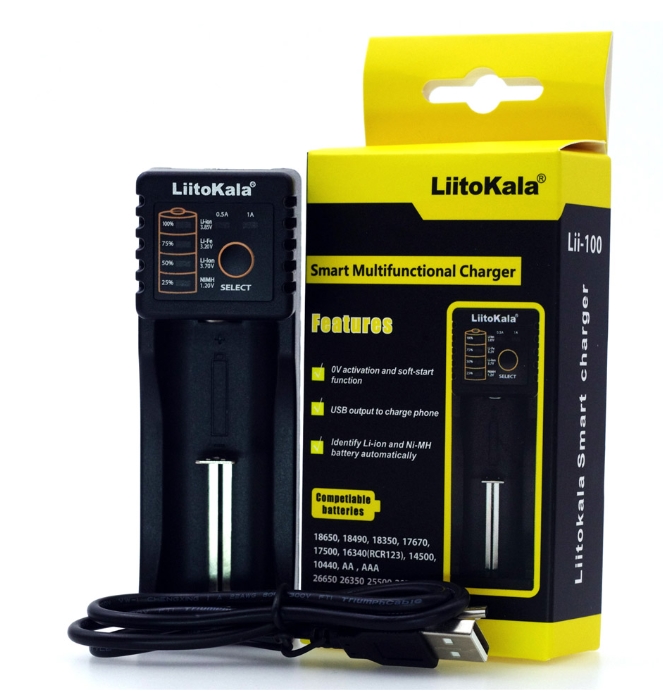 เครื่องชาร์จ LiitoKala Lii-100 เครื่องชาร์จถ่าน Li-ion 18650 18350 16340 14500 26650 Ni-MH Ni-Cd AA AAA ชาทได้ 1ช่อง