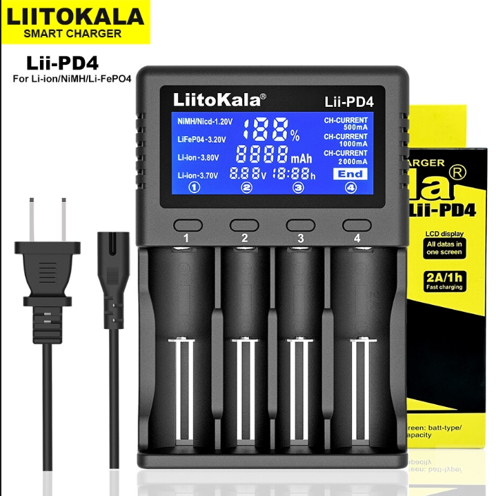 เครื่องชาท LiitoKala Lii-PD4 Lii PD4 LiiPD4 เครื่องชาร์จถ่าน Li-ion 18650 18350 16340 14500 26650 Ni-MH Ni-Cd AA AAA ชาท 4พอต หน้าจอดิจิตอล