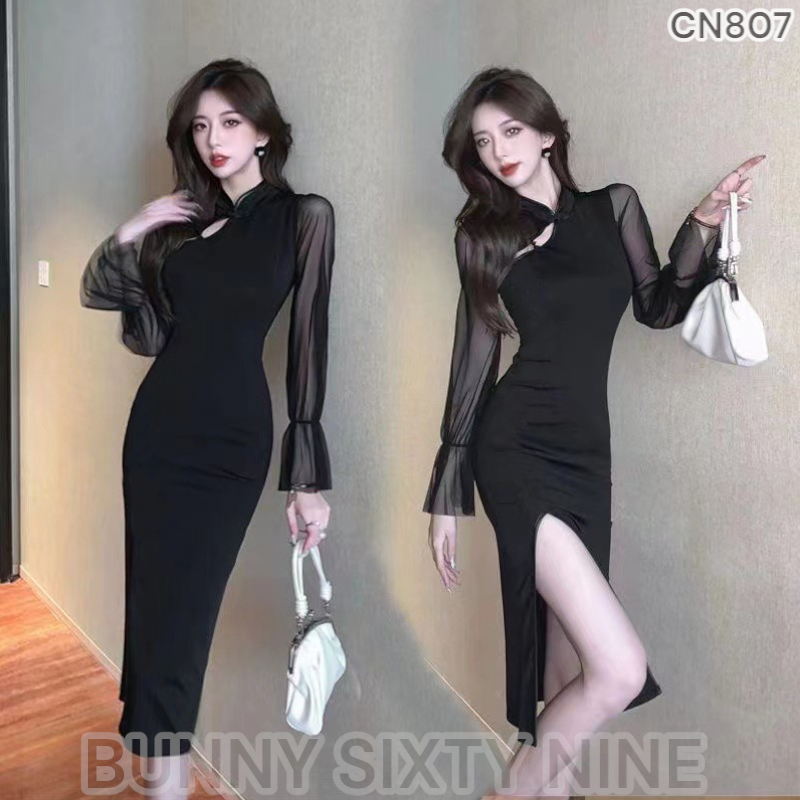 เดรสแขนยาวคอจีน เดรสยาวกี่เพ้า CN807